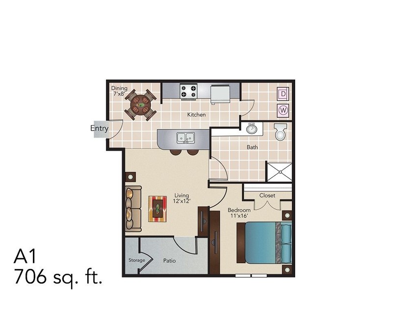 A1 One Bedroom Floor Plan - 706 sq ft