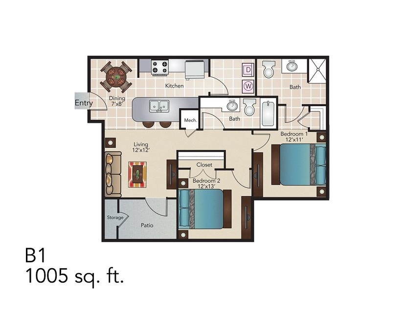 B1 Two Bedroom Floor Plan - 1005 sq ft